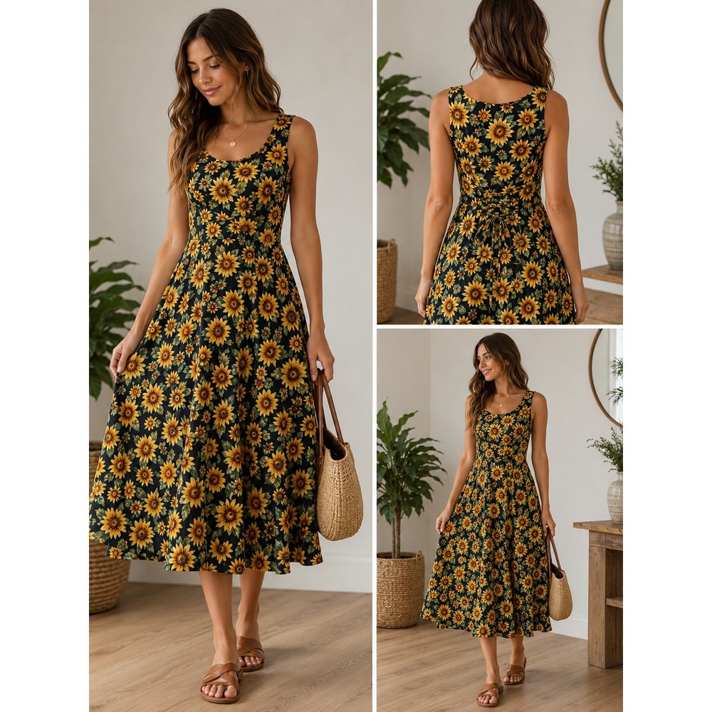 Sunflower Floral 90s Vintage Grunge All That Jazz Midi Dress 7/8 Black Yellow